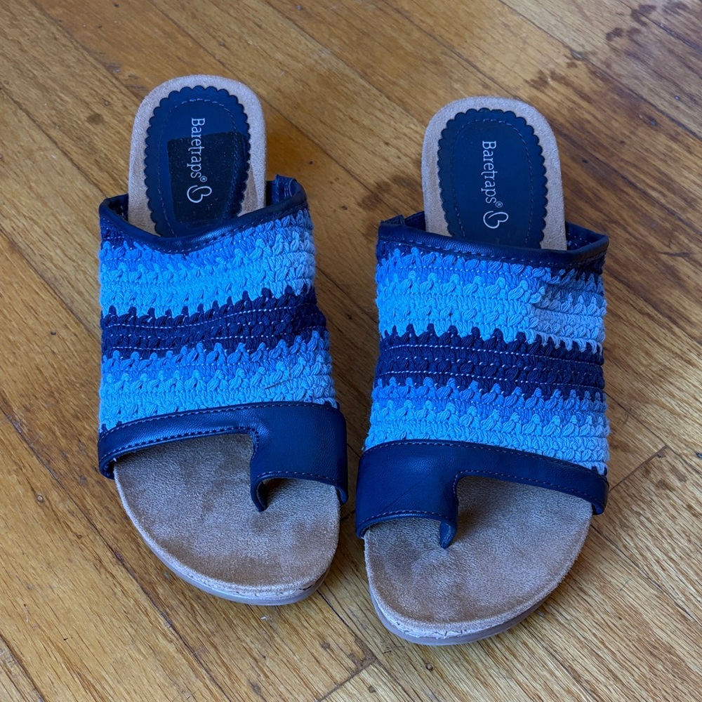 BareTraps Blue and Tan Wedges